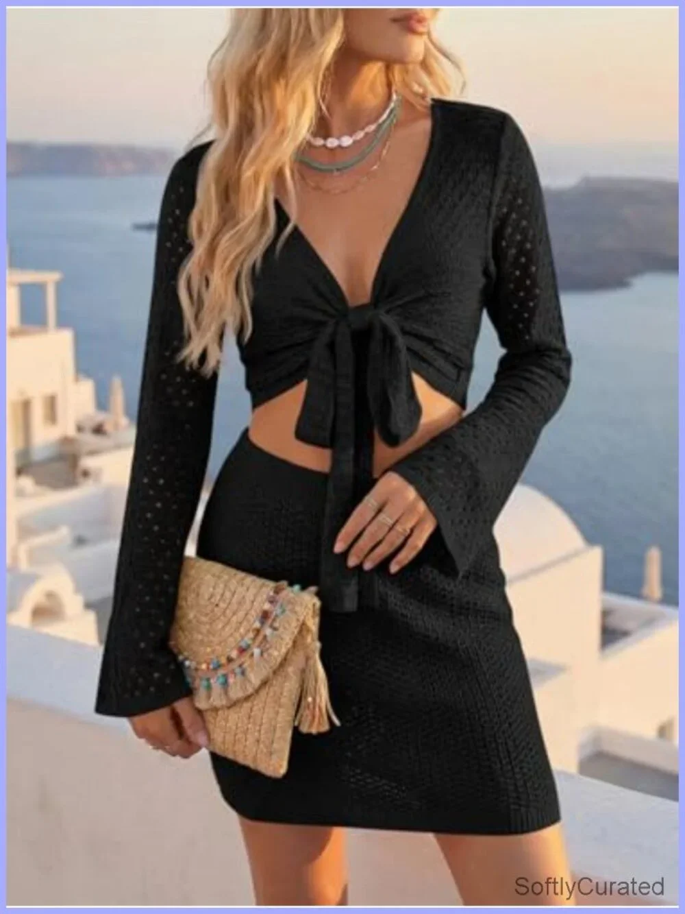 Women's Crochet 2 Piece Swim Cover Up Set Crop Top Mini Skirt